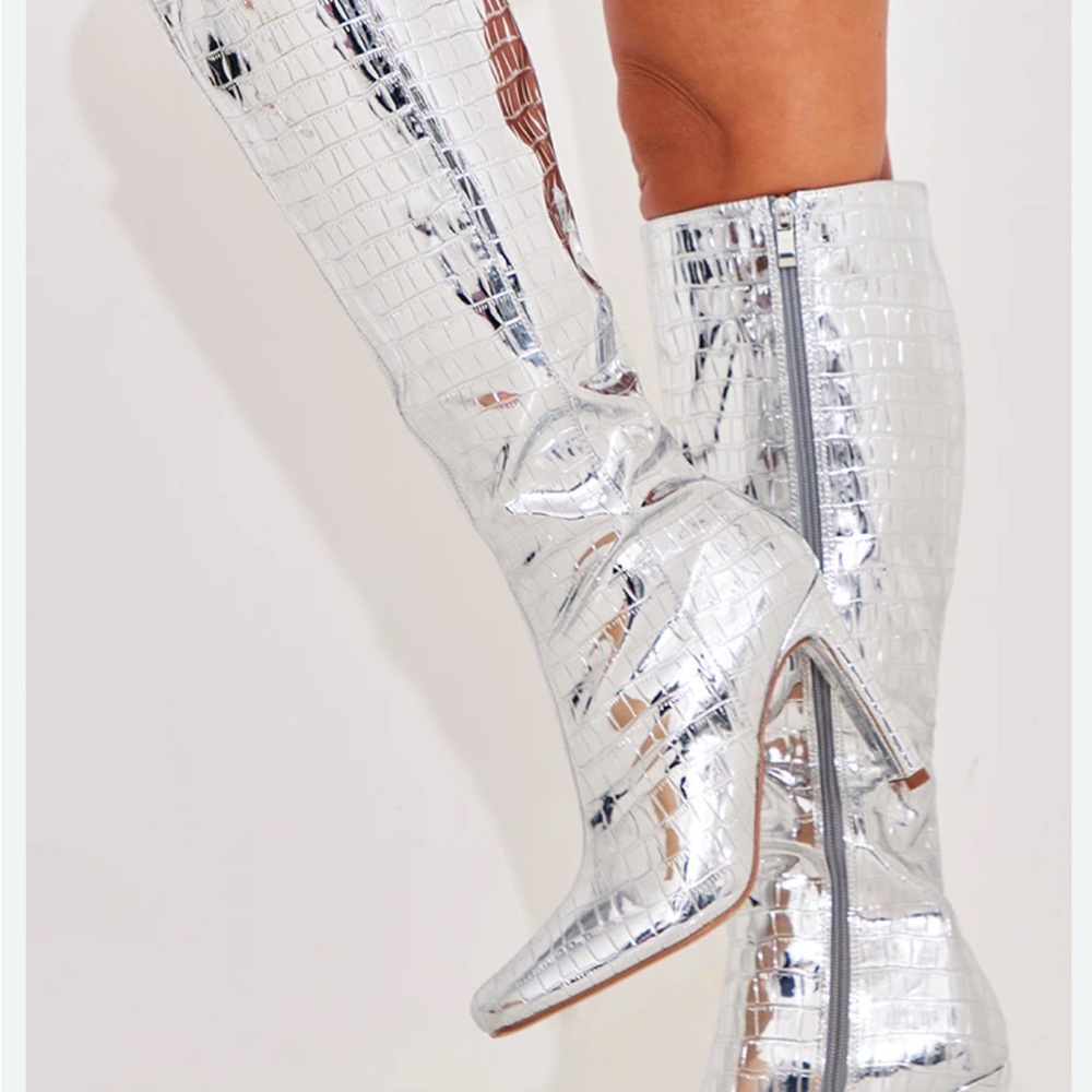 PrettyLittleThing Shiny Silver Croc Heeled Boots